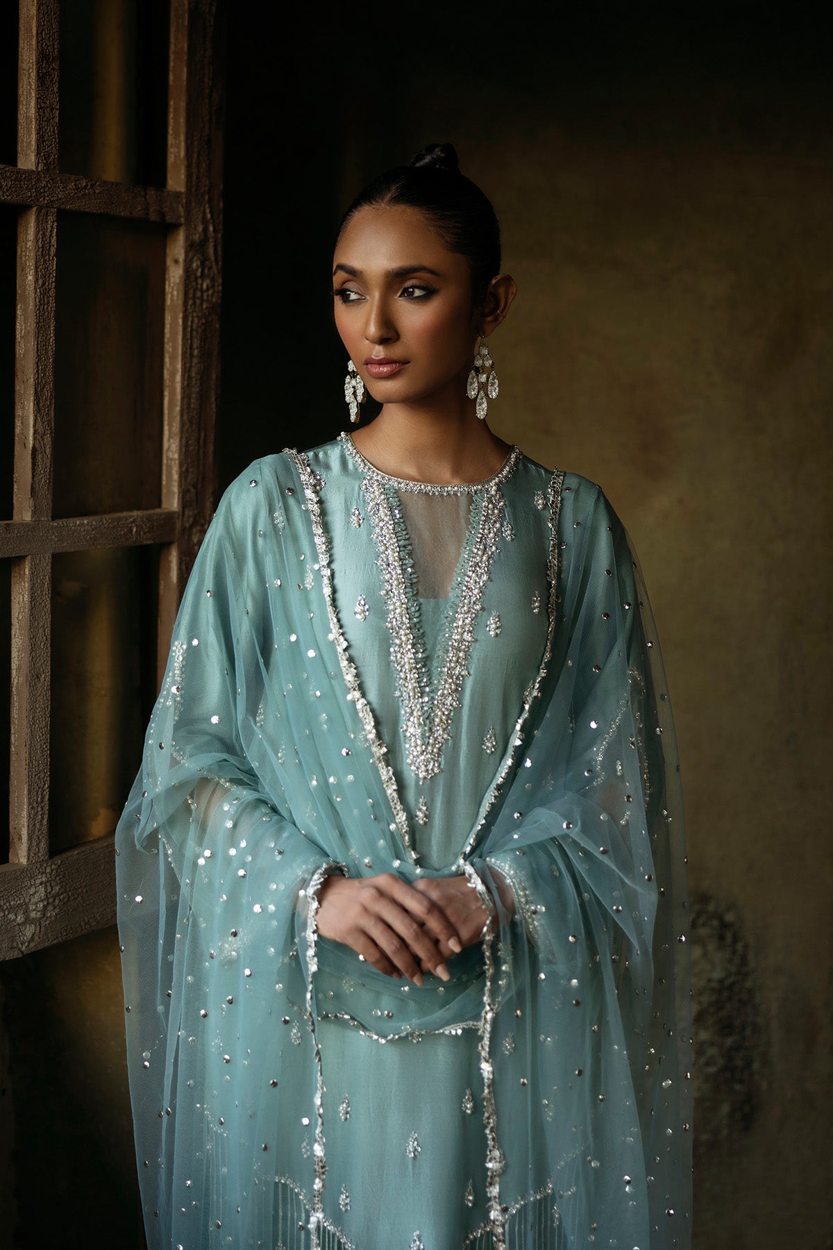 Pakistani Aqua Mukesh Net Salwar Kameez (3-Piece) - Image 3