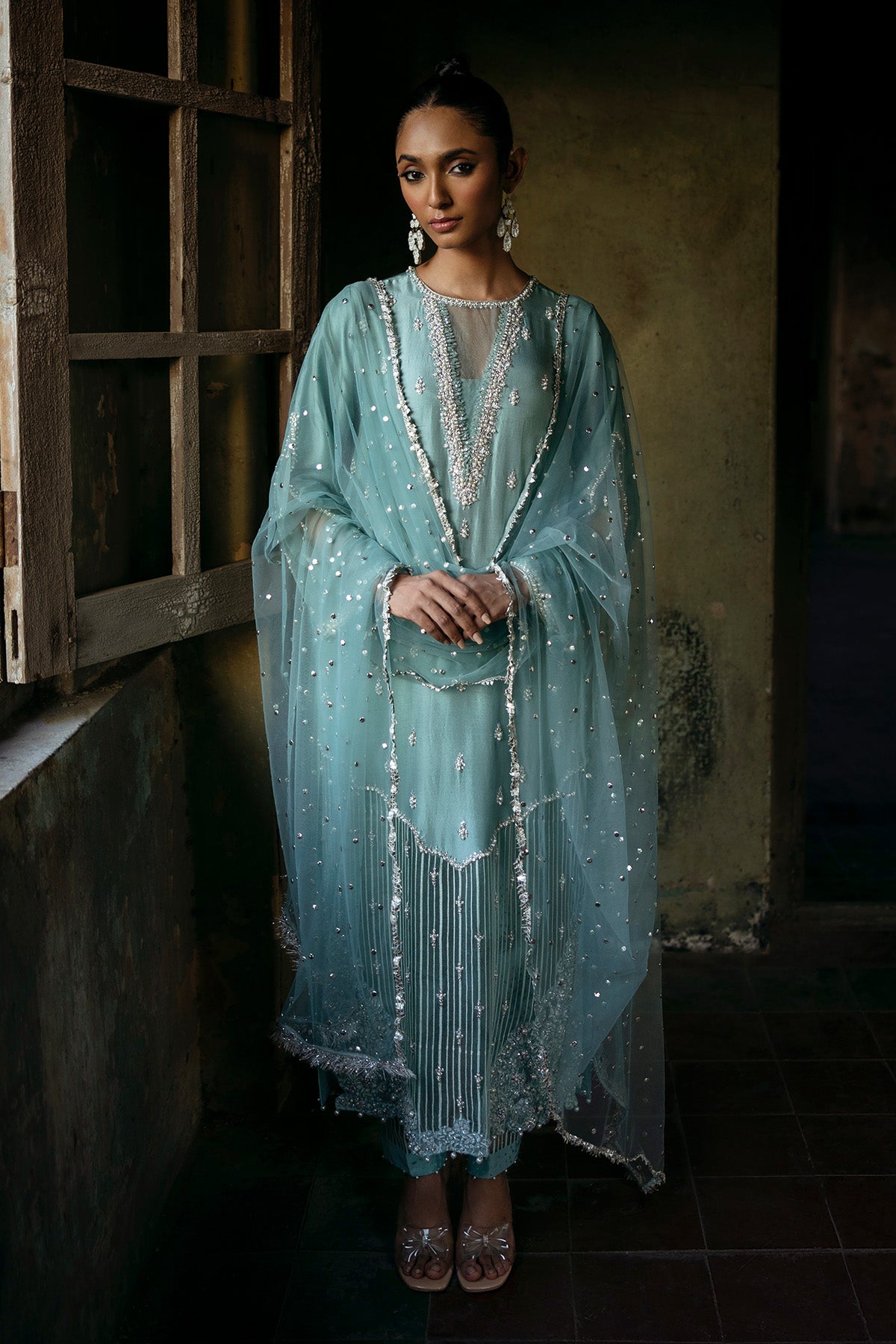 Pakistani Aqua Mukesh Net Salwar Kameez (3-Piece) - Image 4