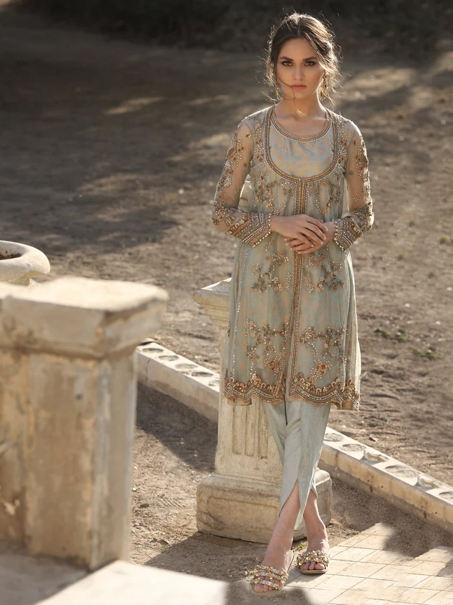 Ice Blue Pearl Embroidered Net Kurta (2-Piece) - Image 1
