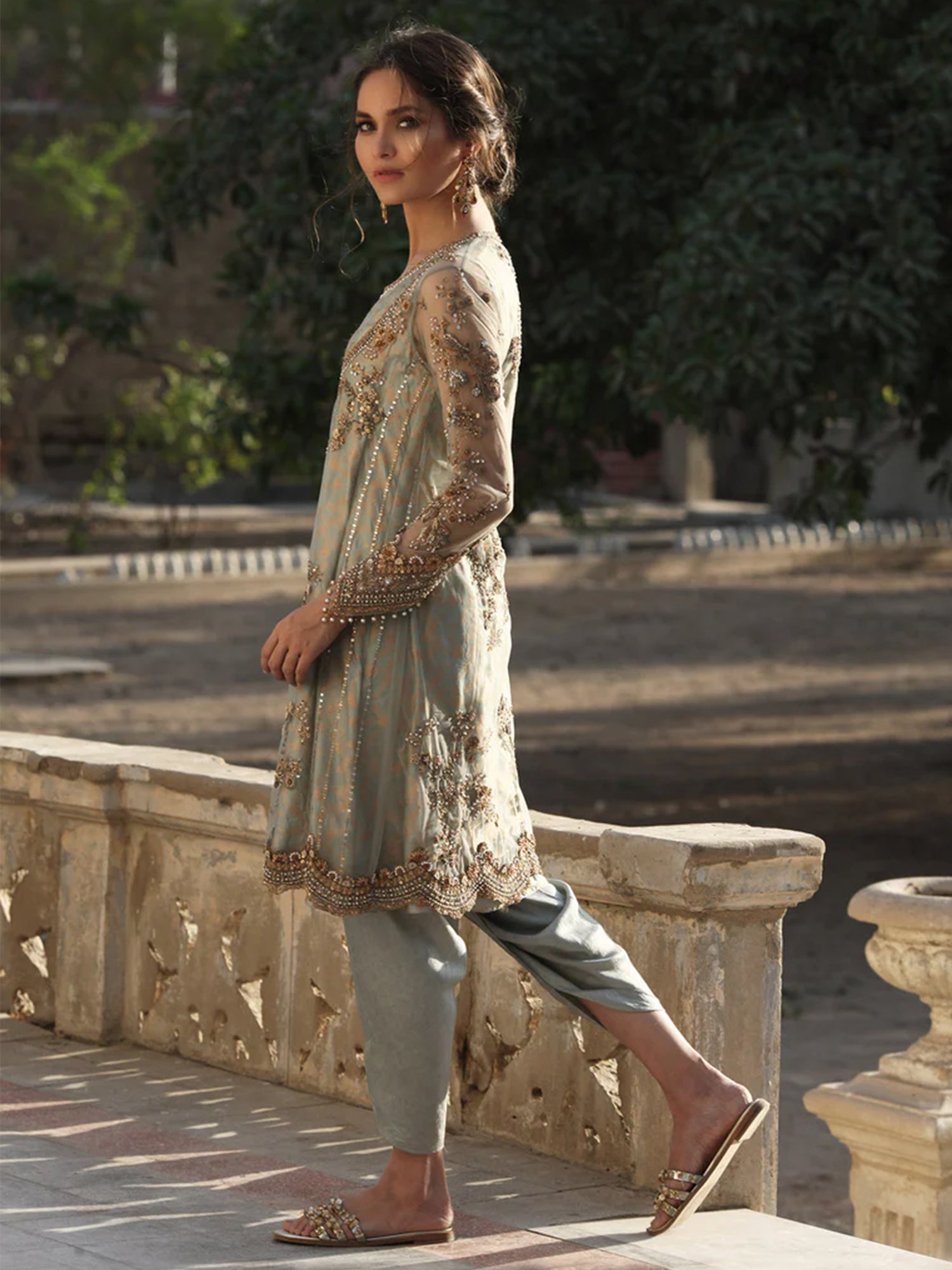 Ice Blue Pearl Embroidered Net Kurta (2-Piece) - Image 2