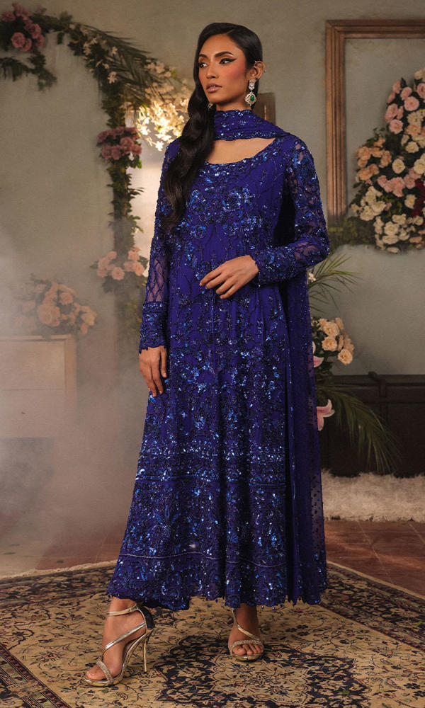 Deep Blue Hand-Embellished Net Salwar Kameez (3-Piece) - Image 2