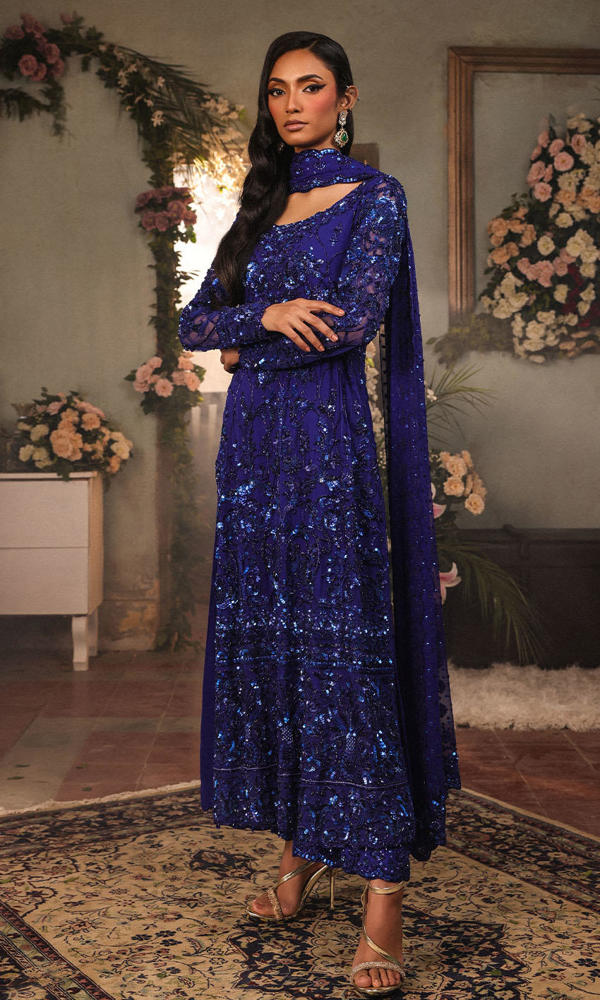 Deep Blue Hand-Embellished Net Salwar Kameez (3-Piece) - Image 4