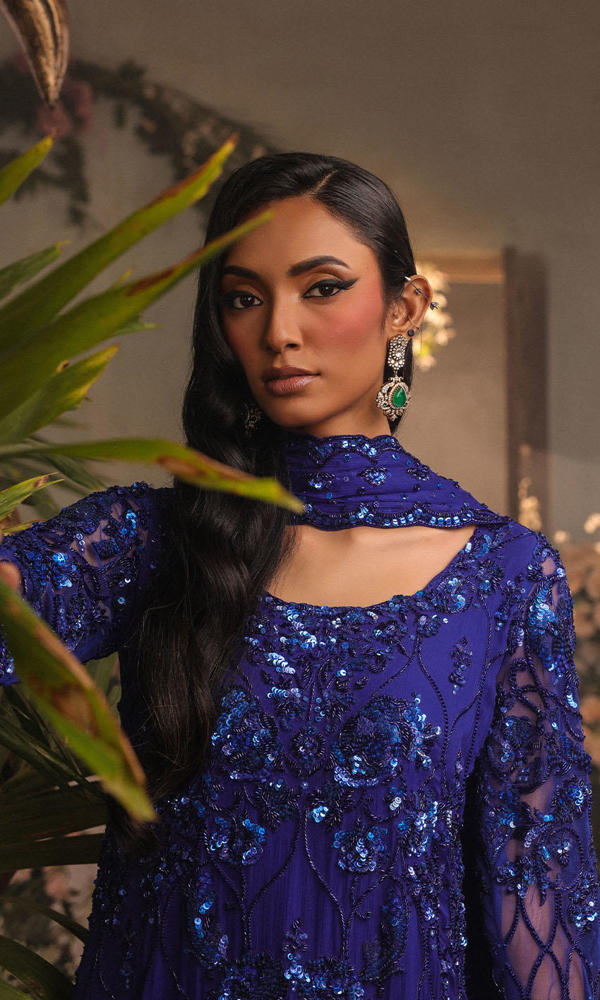 Deep Blue Hand-Embellished Net Salwar Kameez (3-Piece) - Image 5