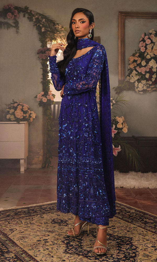 Deep Blue Hand-Embellished Net Salwar Kameez (3-Piece) - Image 6