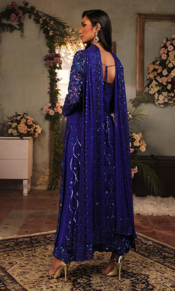 Deep Blue Hand-Embellished Net Salwar Kameez (3-Piece) - Image 8