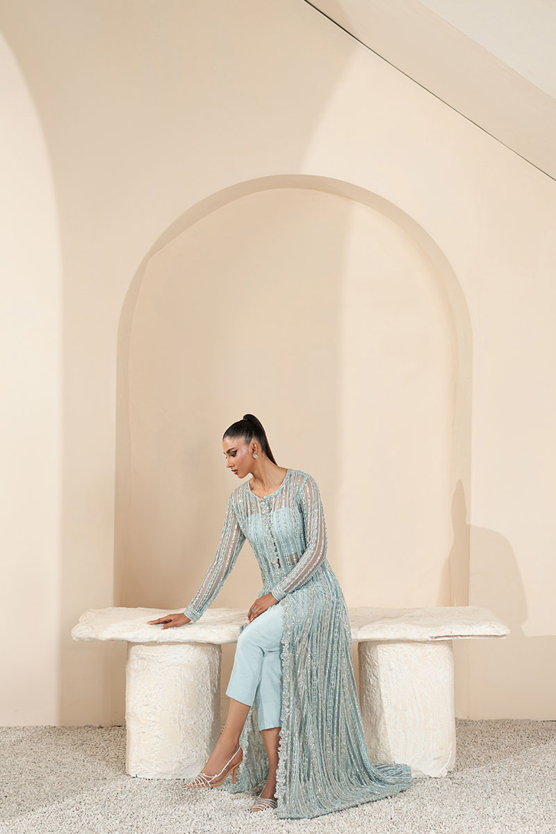 Sky Blue Embellished Net Salwar Kameez (3-Piece) - Image 10