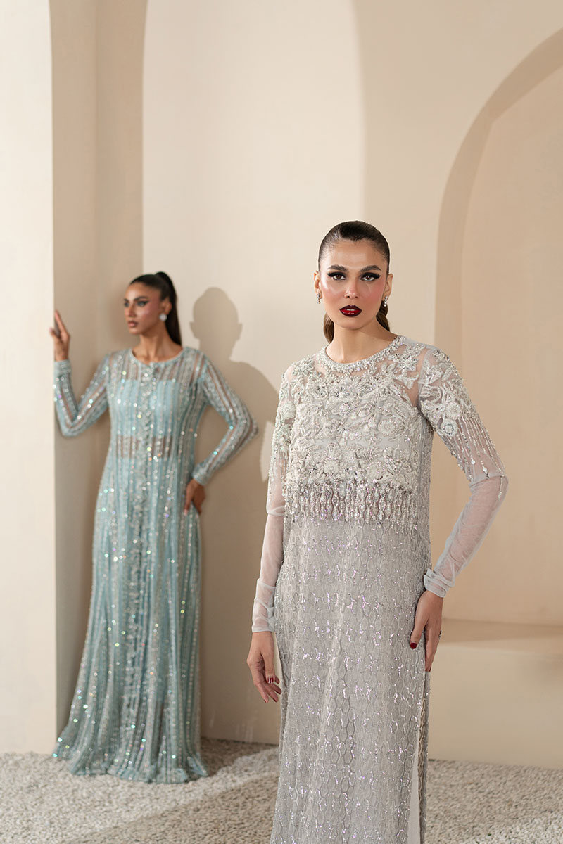 Sky Blue Embellished Net Salwar Kameez (3-Piece) - Image 12