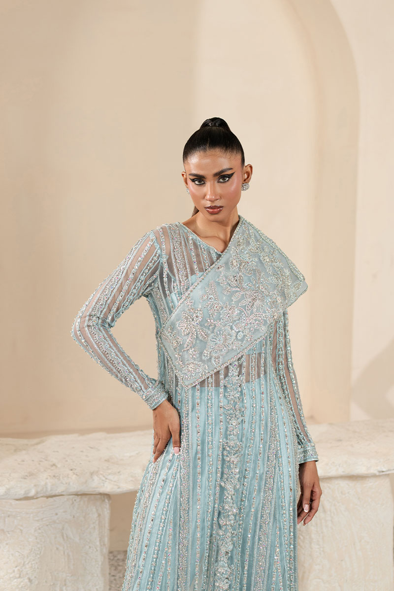 Sky Blue Embellished Net Salwar Kameez (3-Piece) - Image 3