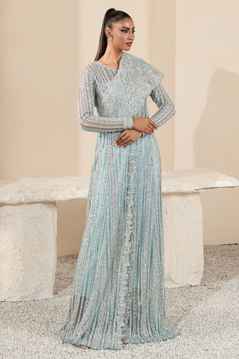 Sky Blue Embellished Net Salwar Kameez (3-Piece) - Image 6