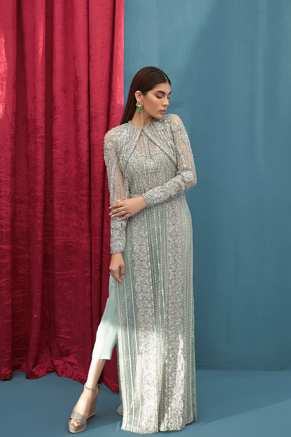 Sky Blue Embellished Net Silk Long Shirt (2-Piece) - Image 1