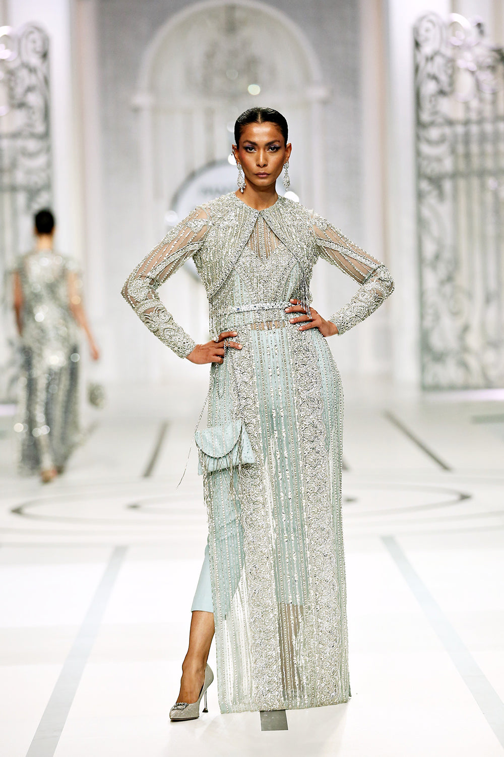 Sky Blue Embellished Net Silk Long Shirt (2-Piece) - Image 2