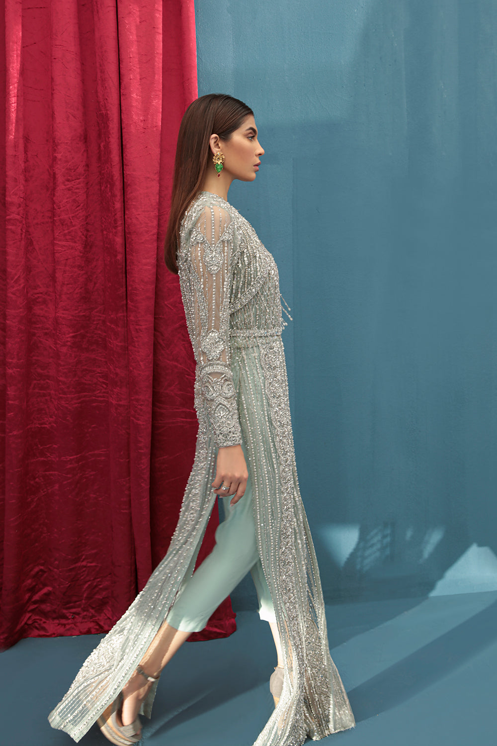 Sky Blue Embellished Net Silk Long Shirt (2-Piece) - Image 3