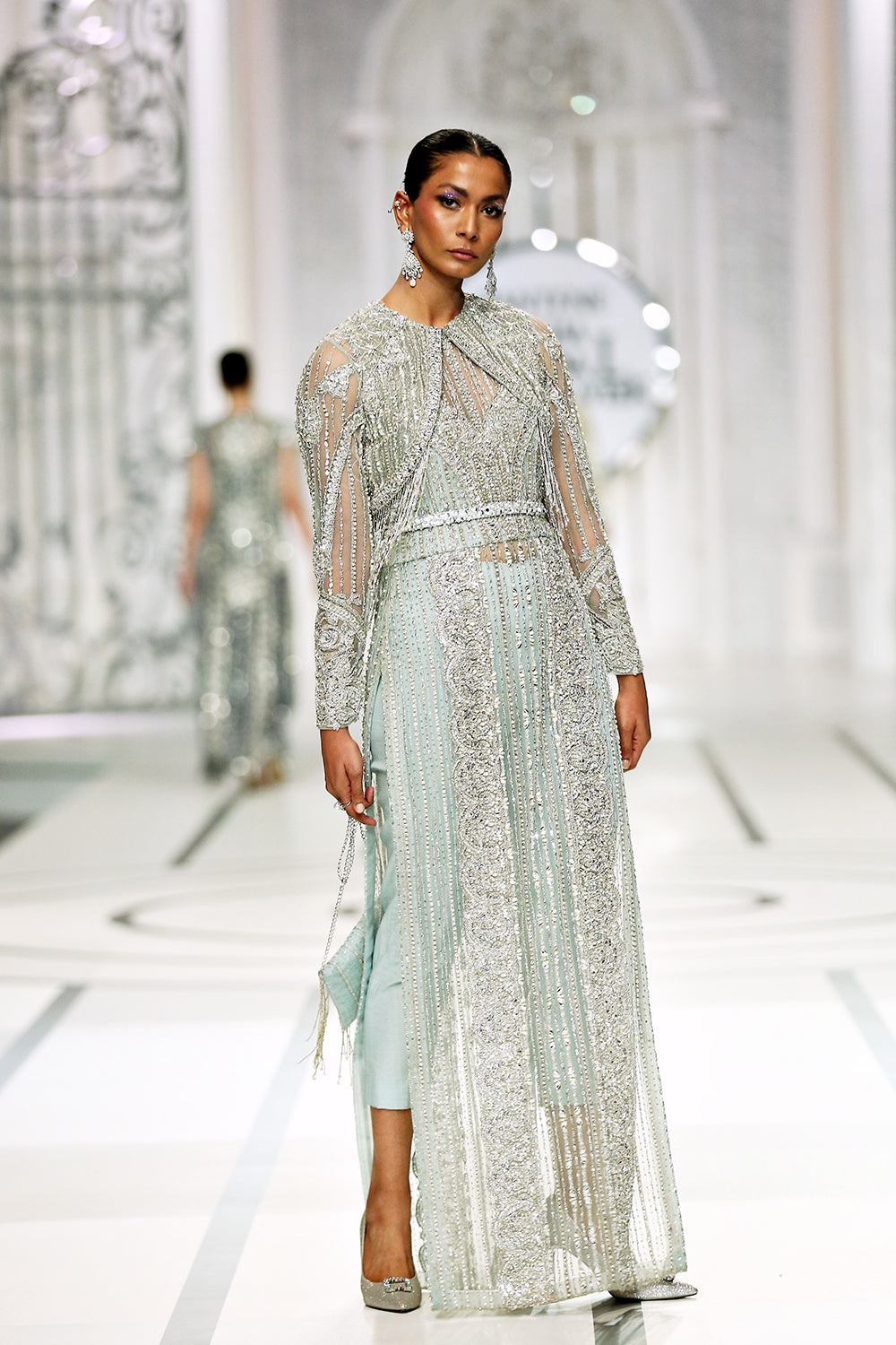 Sky Blue Embellished Net Silk Long Shirt (2-Piece) - Image 4