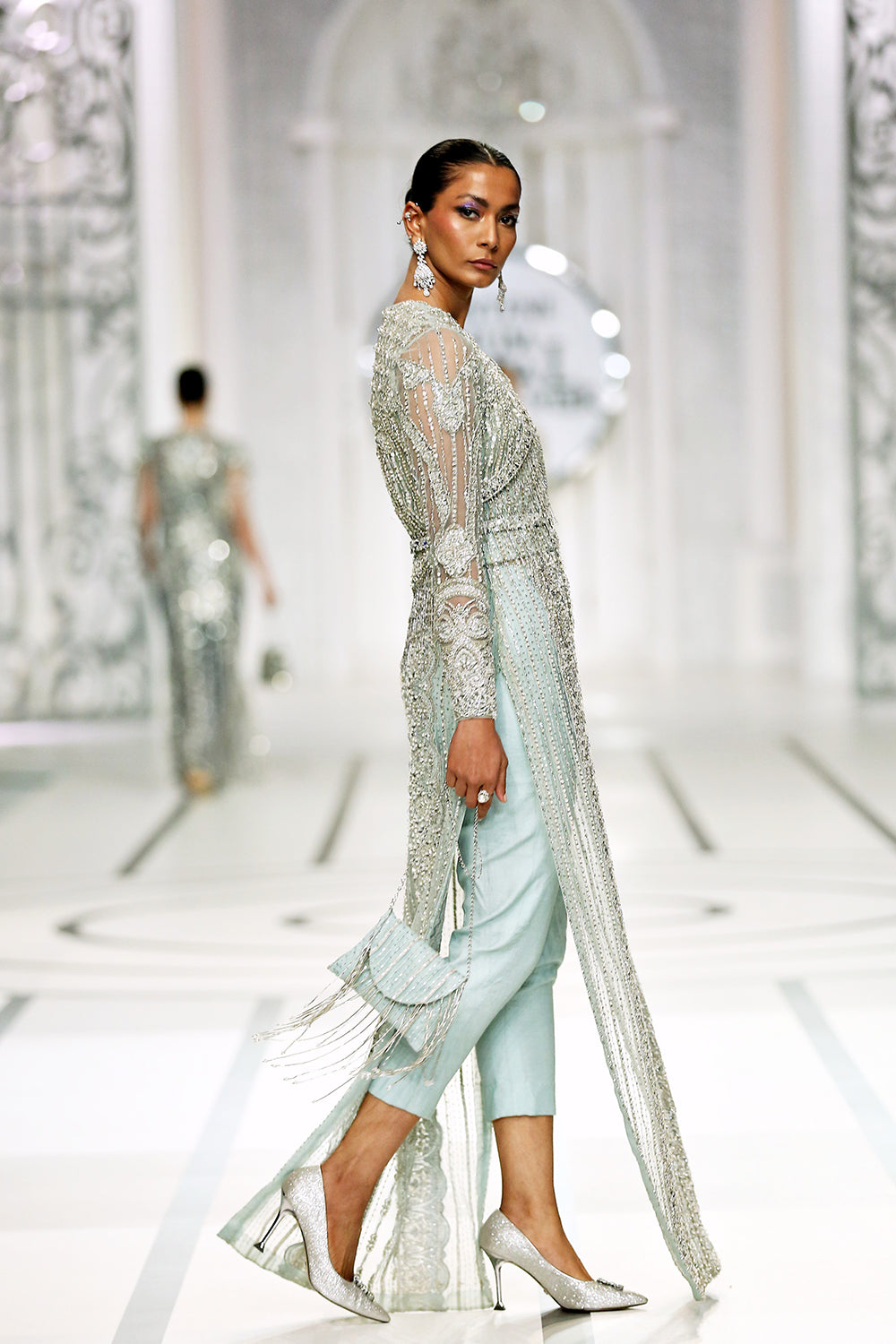 Sky Blue Embellished Net Silk Long Shirt (2-Piece) - Image 5