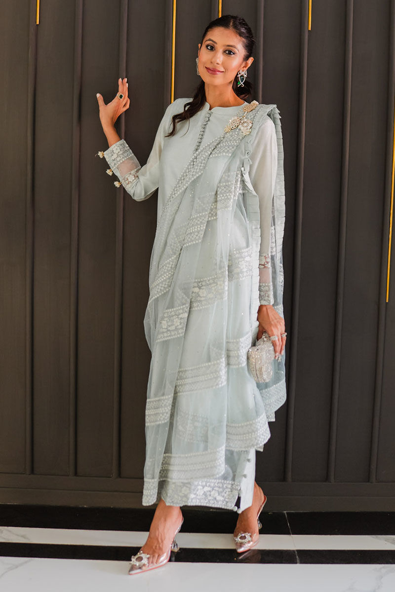 Pakistani Ice Blue Silver Tilla Net Silk Kameez (3-Piece) - Image 1