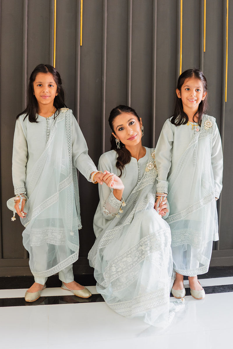 Pakistani Ice Blue Silver Tilla Net Silk Kameez (3-Piece) - Image 4