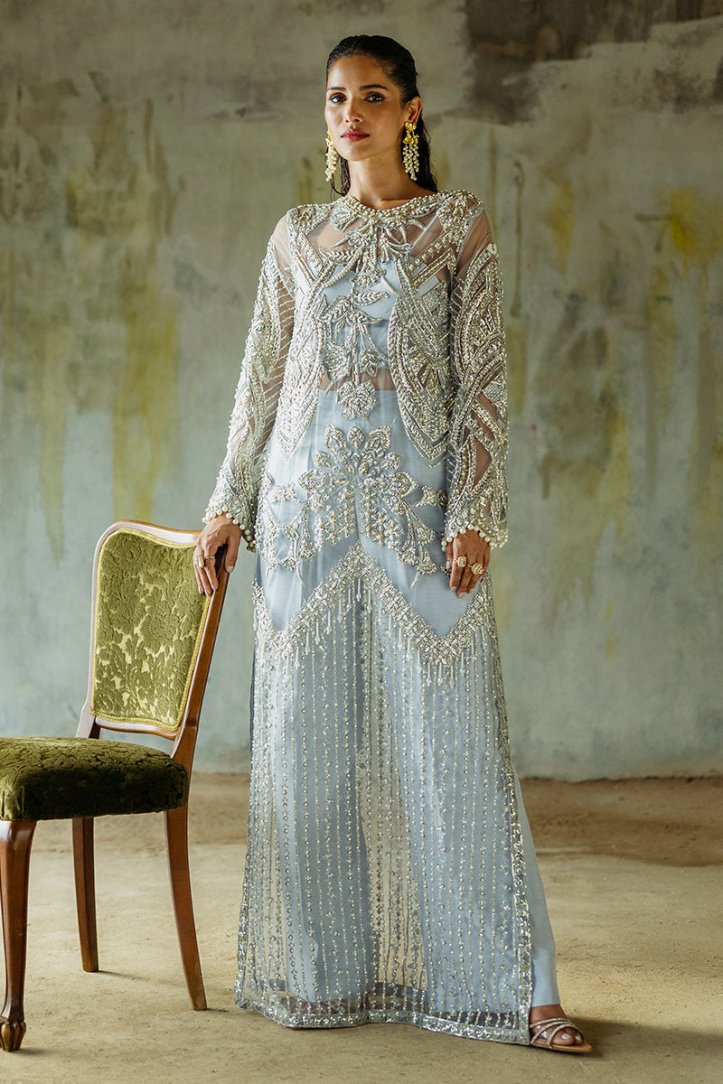 Pakistani Ice Blue Embroidered Net Salwar Kameez (3-Piece) - Image 1