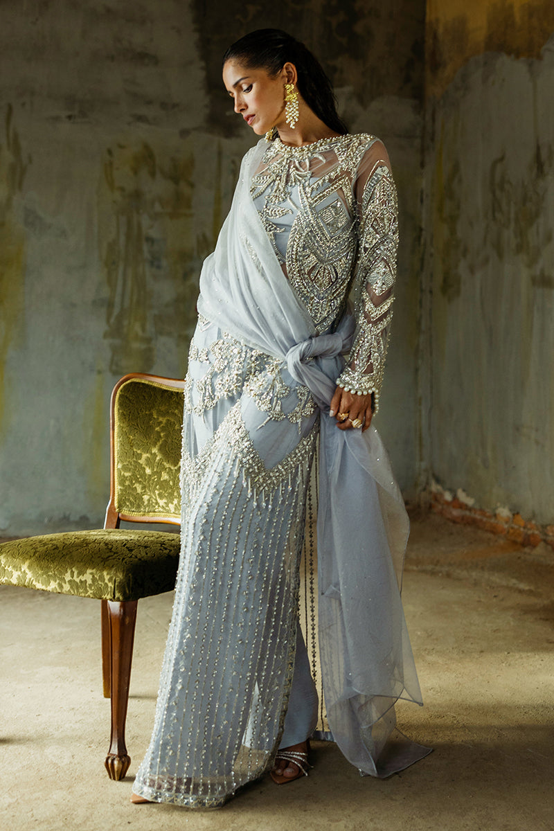 Pakistani Ice Blue Embroidered Net Salwar Kameez (3-Piece) - Image 10