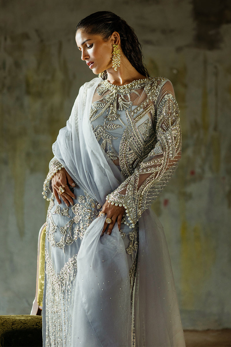 Pakistani Ice Blue Embroidered Net Salwar Kameez (3-Piece) - Image 11