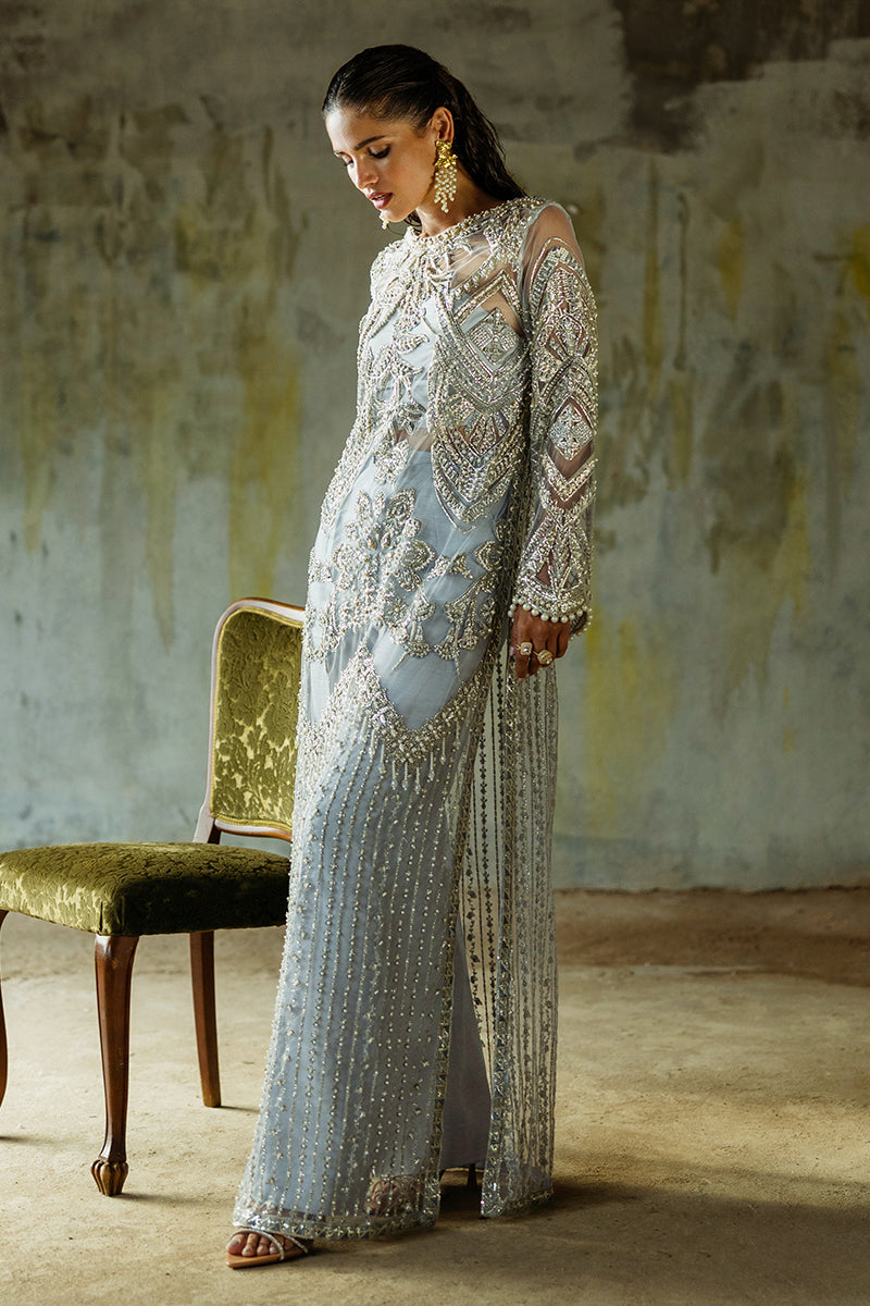 Pakistani Ice Blue Embroidered Net Salwar Kameez (3-Piece) - Image 12