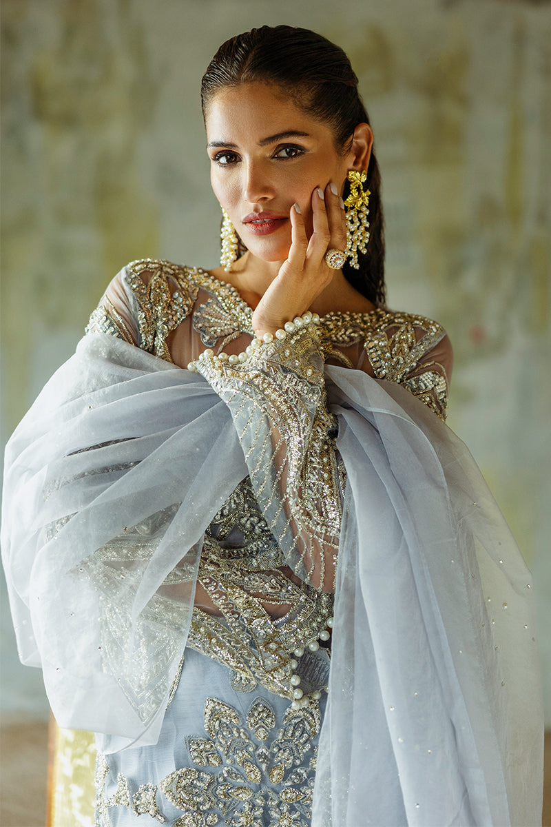 Pakistani Ice Blue Embroidered Net Salwar Kameez (3-Piece) - Image 14