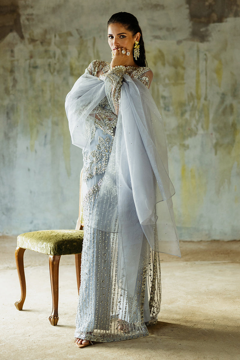 Pakistani Ice Blue Embroidered Net Salwar Kameez (3-Piece) - Image 2