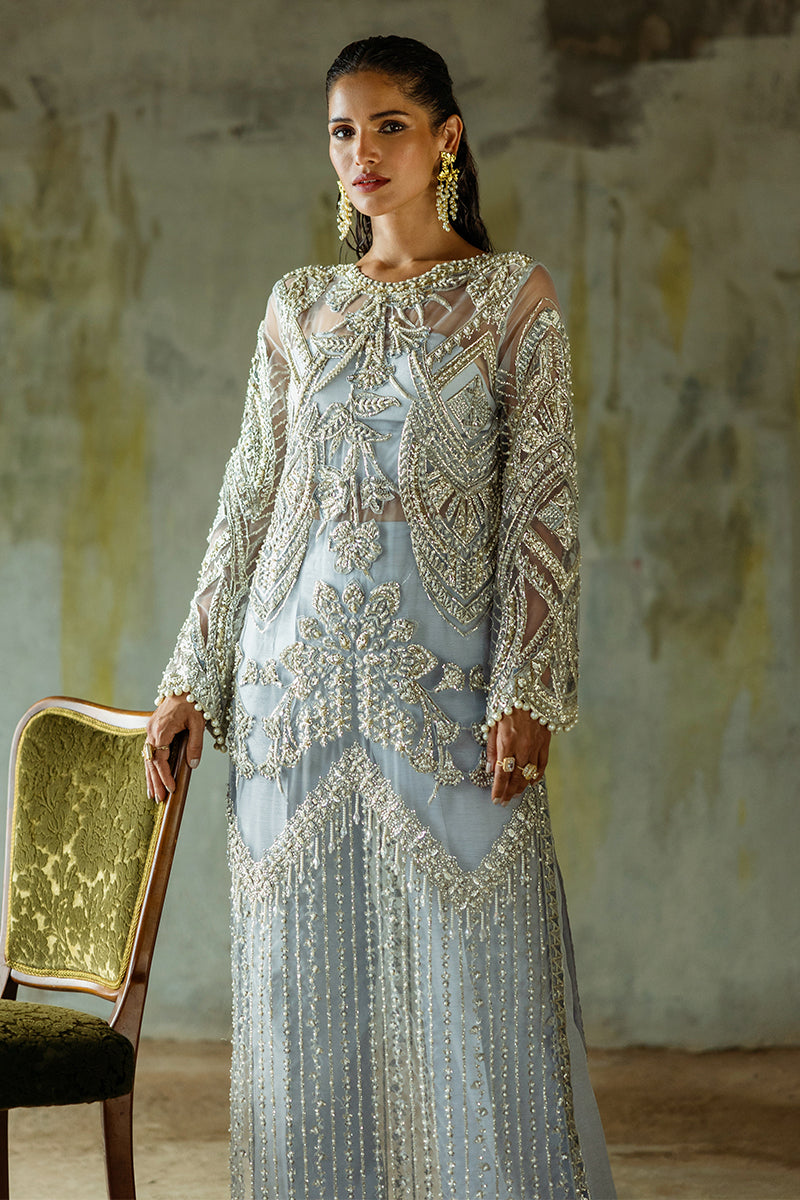 Pakistani Ice Blue Embroidered Net Salwar Kameez (3-Piece) - Image 3