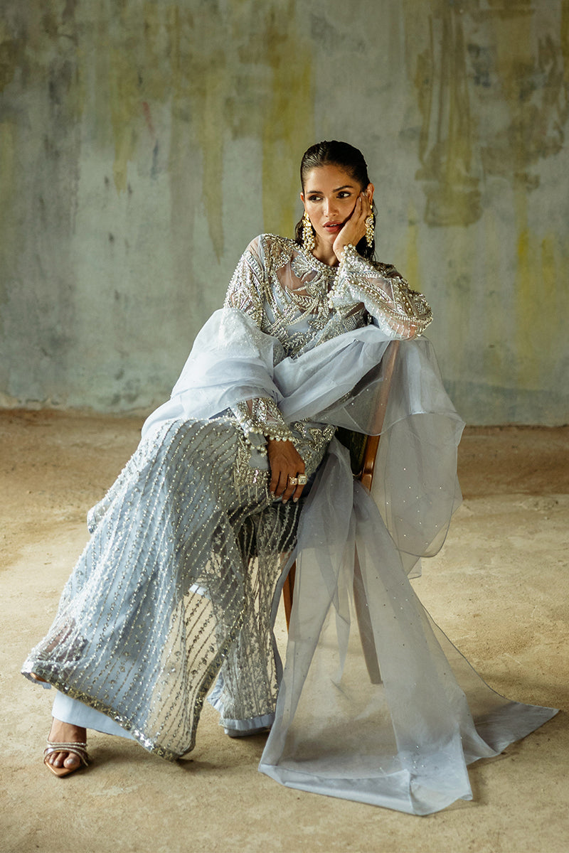 Pakistani Ice Blue Embroidered Net Salwar Kameez (3-Piece) - Image 5