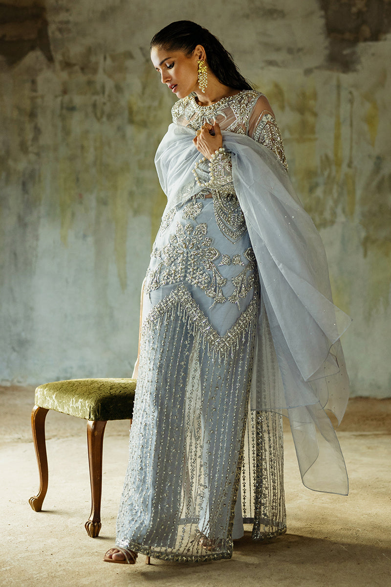 Pakistani Ice Blue Embroidered Net Salwar Kameez (3-Piece) - Image 6