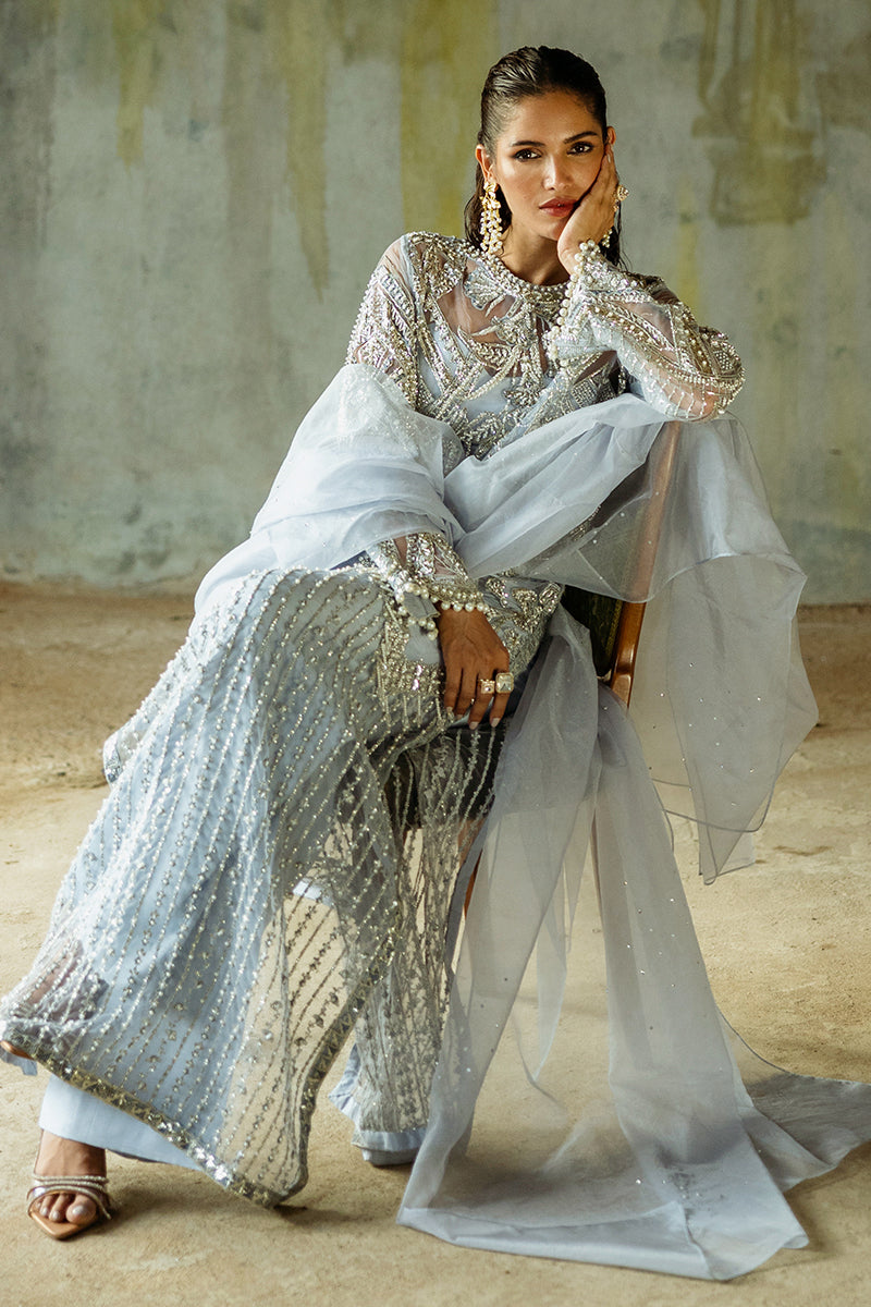 Pakistani Ice Blue Embroidered Net Salwar Kameez (3-Piece) - Image 7