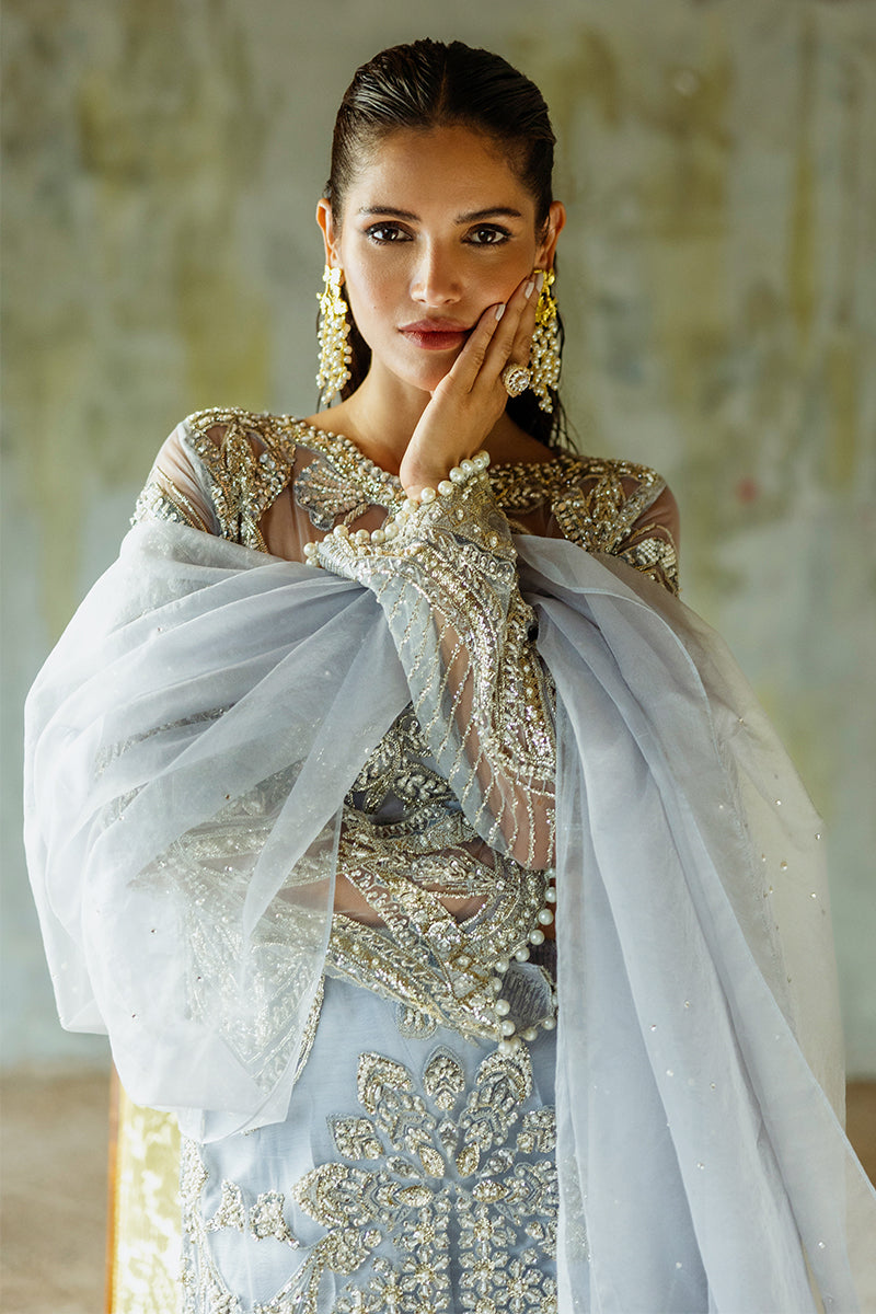 Pakistani Ice Blue Embroidered Net Salwar Kameez (3-Piece) - Image 8