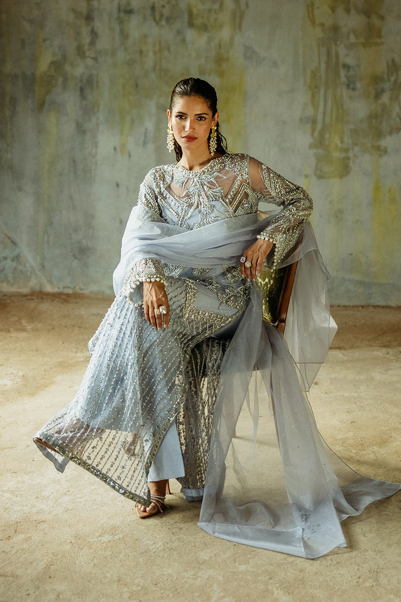 Pakistani Ice Blue Embroidered Net Salwar Kameez (3-Piece) - Image 9