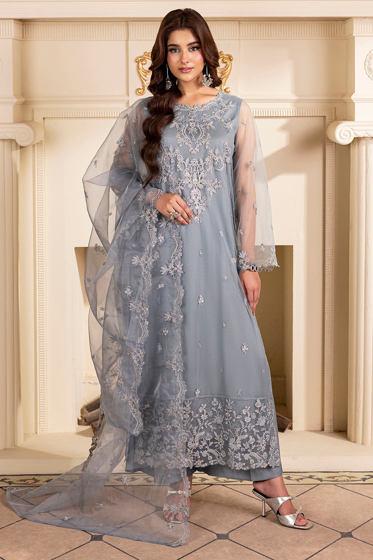 Pakistani Powder Blue Embroidered Net Salwar Kameez (3-Piece) - Image 1