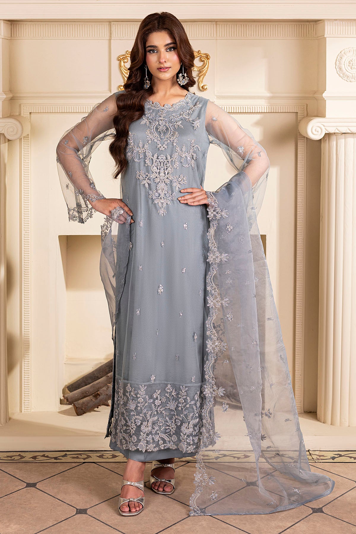 Pakistani Powder Blue Embroidered Net Salwar Kameez (3-Piece) - Image 2