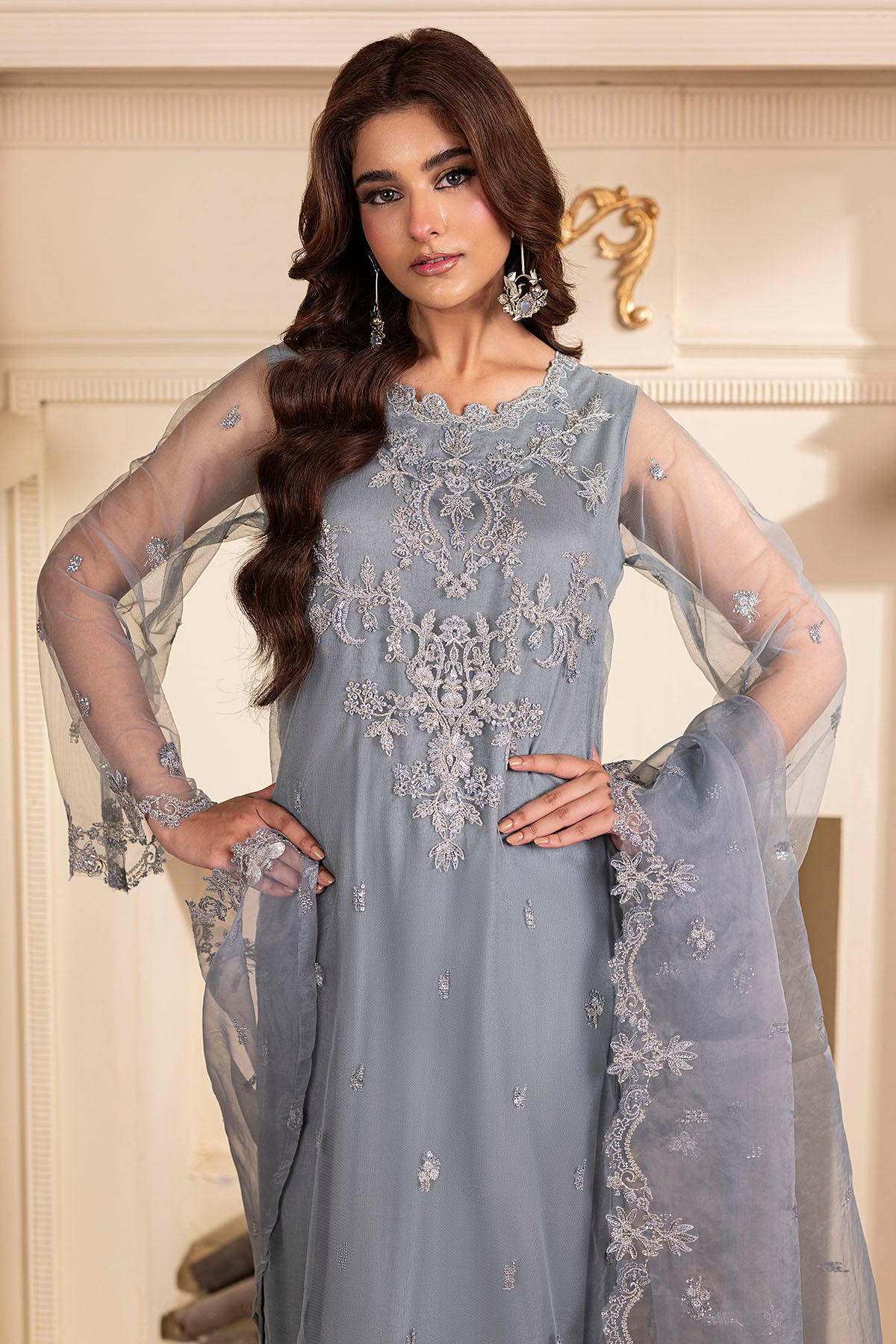 Pakistani Powder Blue Embroidered Net Salwar Kameez (3-Piece) - Image 3
