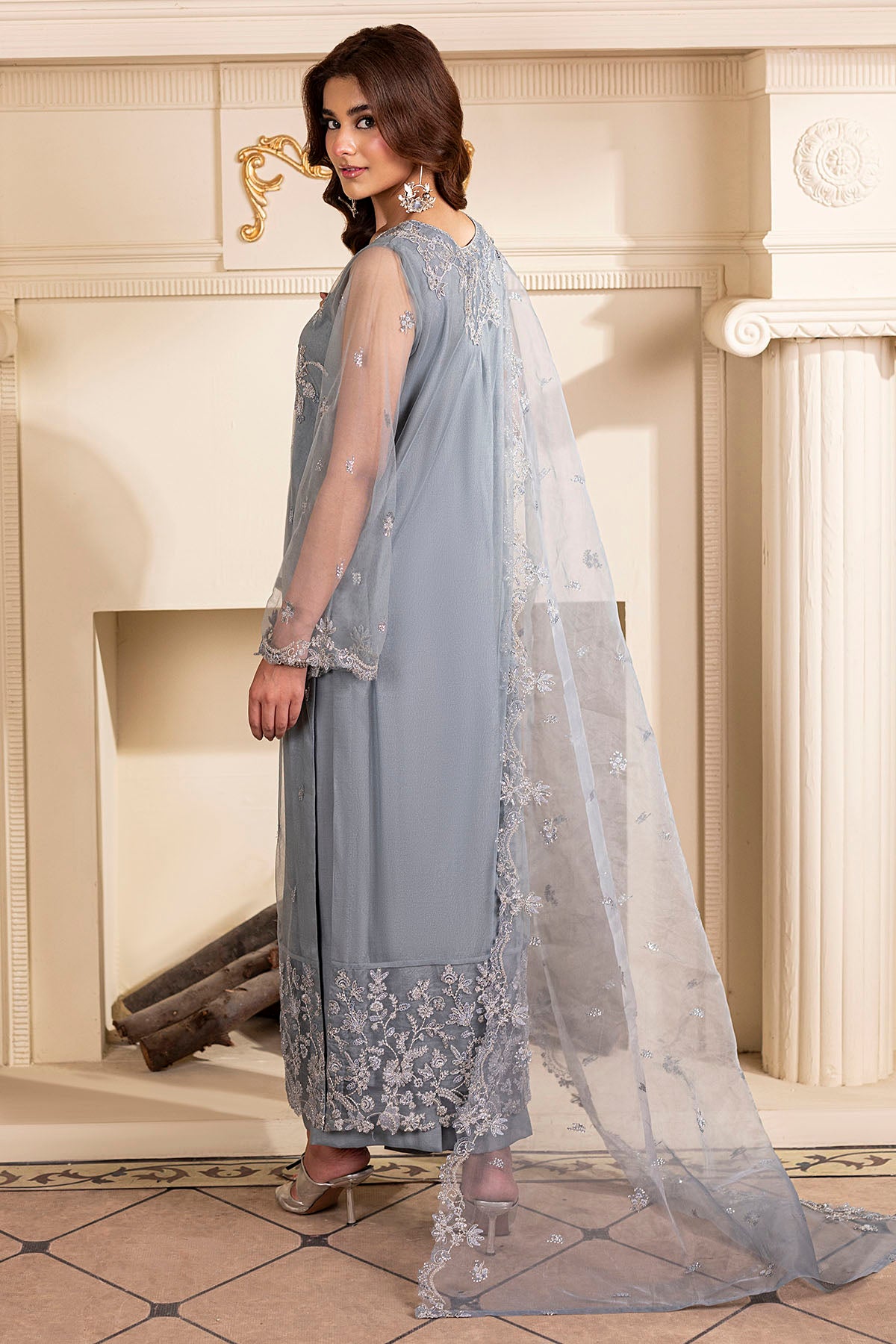 Pakistani Powder Blue Embroidered Net Salwar Kameez (3-Piece) - Image 5