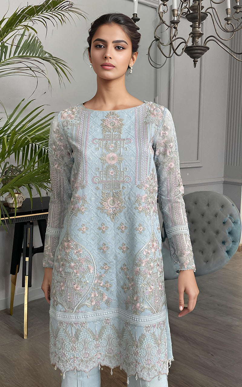 Pakistani Powder Blue Embroidered Net Salwar Kameez (2-Piece) - Image 1