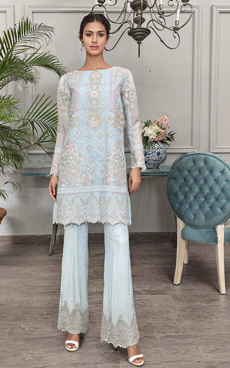 Pakistani Powder Blue Embroidered Net Salwar Kameez (2-Piece) - Image 2