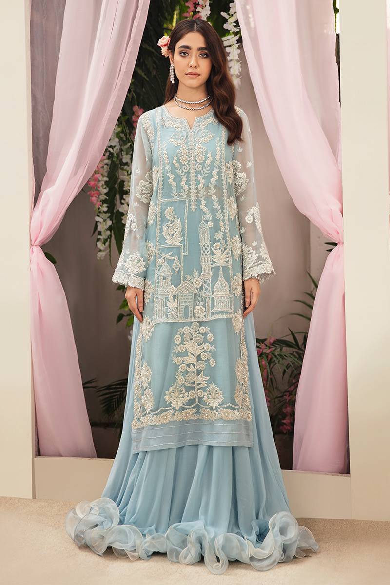 Pakistani Powder Blue Embroidered Net Shirt with Chiffon Skirt (2-Piece) - Image 1