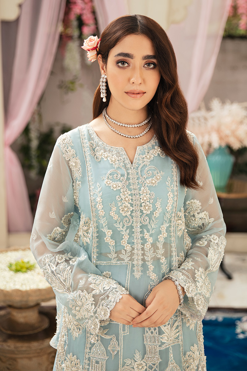 Pakistani Powder Blue Embroidered Net Shirt with Chiffon Skirt (2-Piece) - Image 2