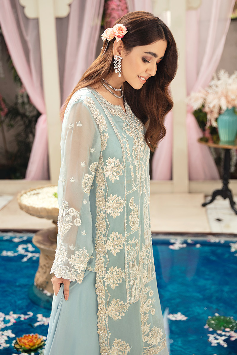 Pakistani Powder Blue Embroidered Net Shirt with Chiffon Skirt (2-Piece) - Image 3