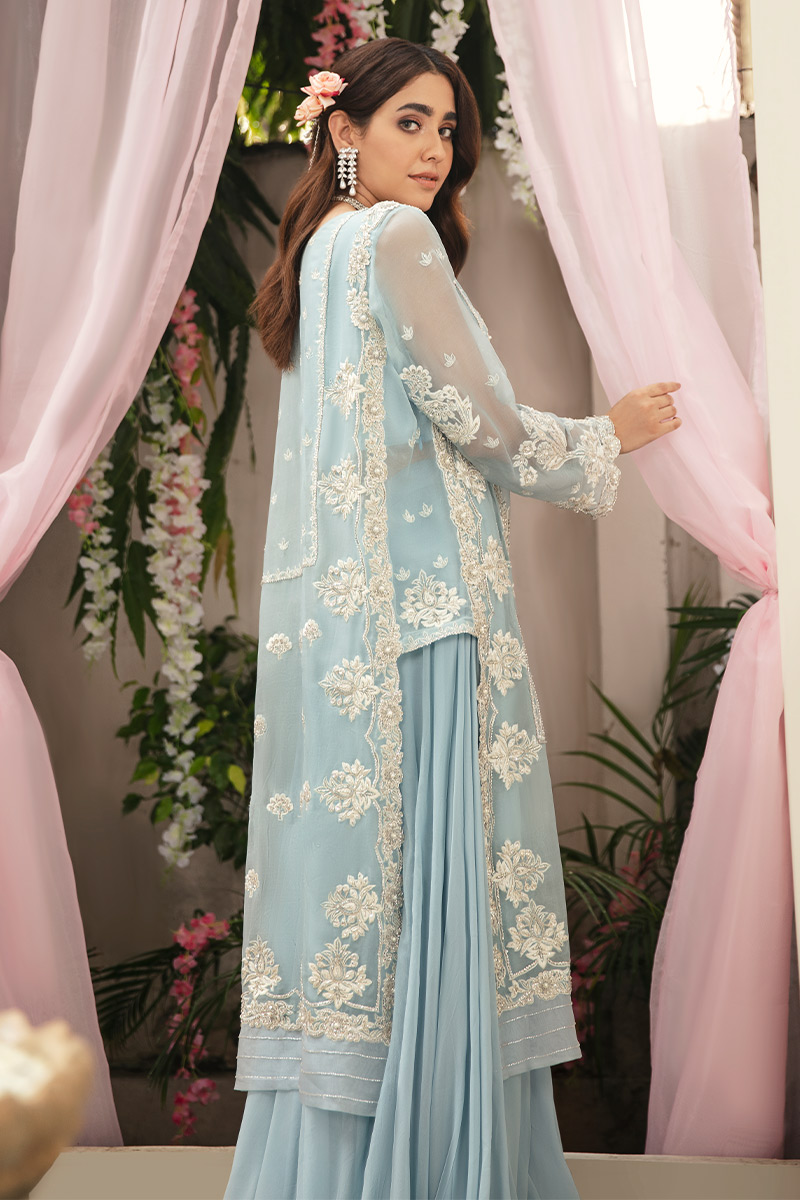 Pakistani Powder Blue Embroidered Net Shirt with Chiffon Skirt (2-Piece) - Image 4