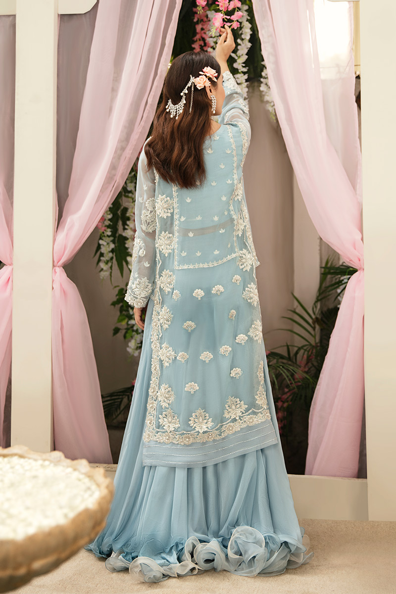 Pakistani Powder Blue Embroidered Net Shirt with Chiffon Skirt (2-Piece) - Image 5