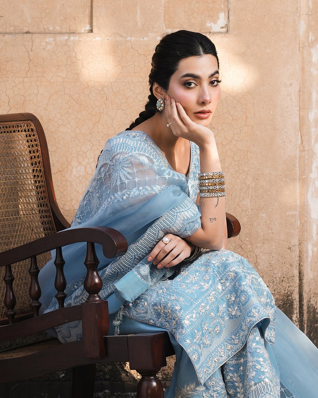 Pakistani Ice Blue Embroidered Oak Silk Salwar Kameez (3-Piece) - Image 4