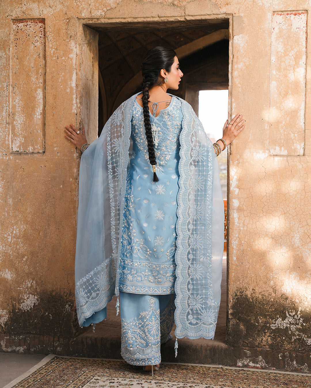 Pakistani Ice Blue Embroidered Oak Silk Salwar Kameez (3-Piece) - Image 7