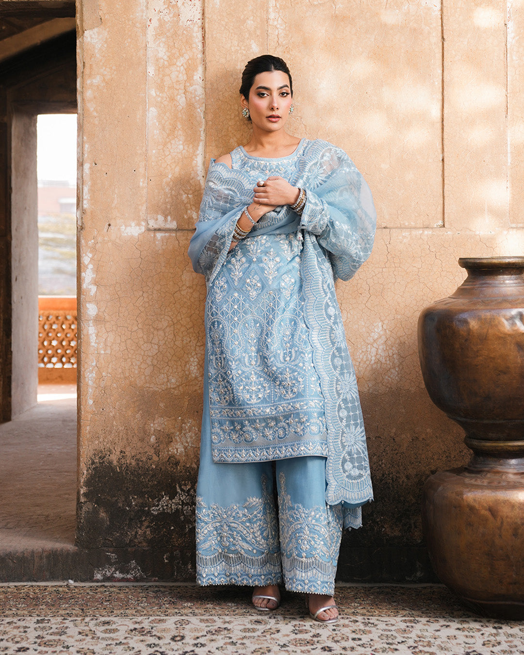 Pakistani Ice Blue Embroidered Oak Silk Salwar Kameez (3-Piece) - Image 1