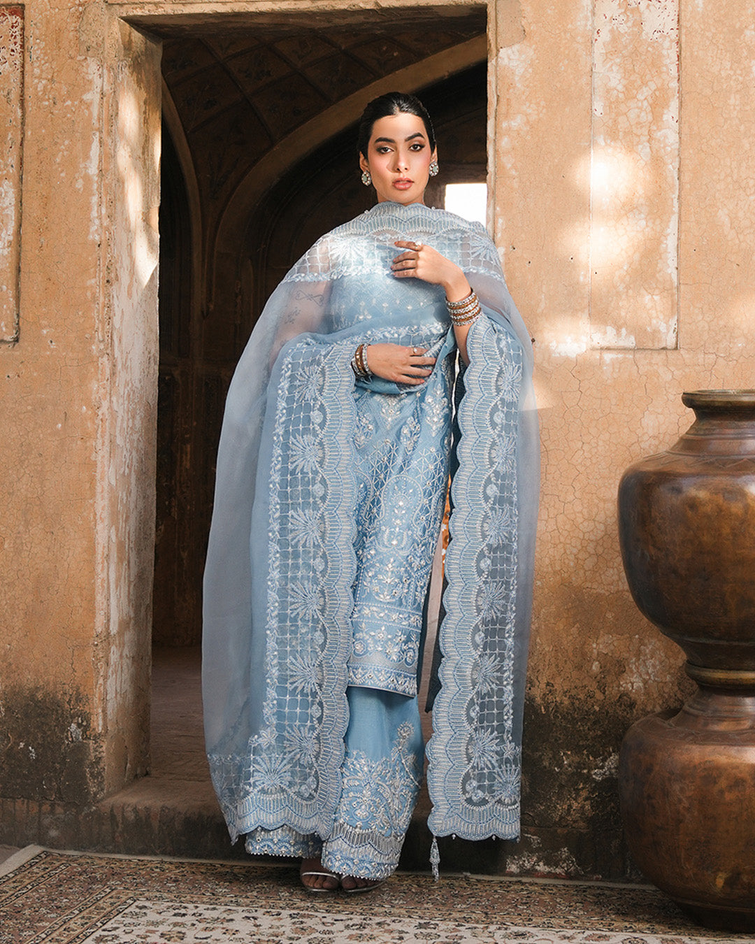 Pakistani Ice Blue Embroidered Oak Silk Salwar Kameez (3-Piece) - Image 2
