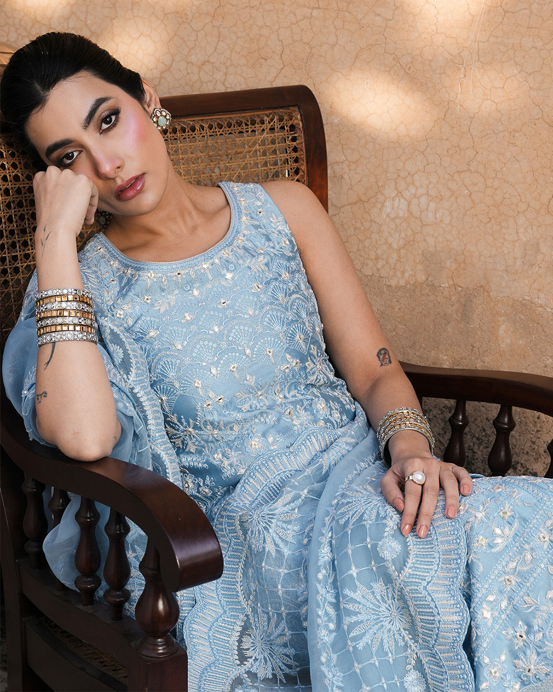 Pakistani Ice Blue Embroidered Oak Silk Salwar Kameez (3-Piece) - Image 3