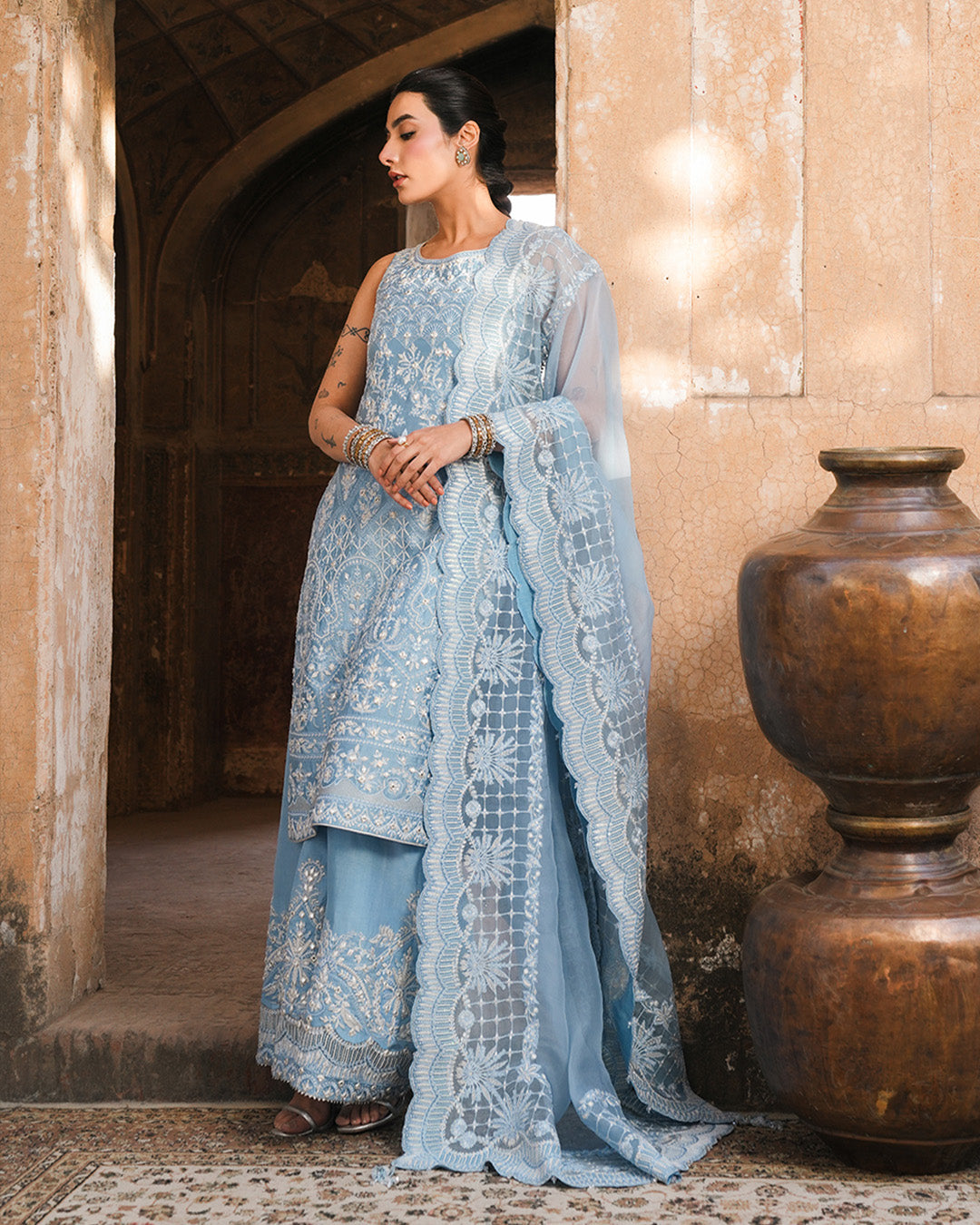 Pakistani Ice Blue Embroidered Oak Silk Salwar Kameez (3-Piece) - Image 5