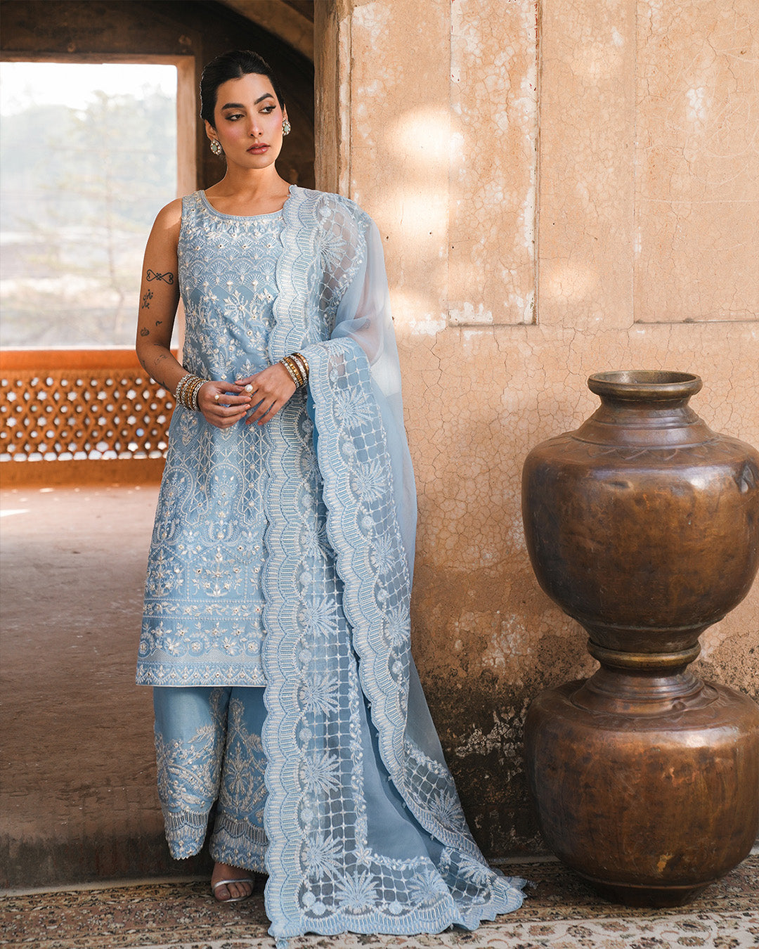 Pakistani Ice Blue Embroidered Oak Silk Salwar Kameez (3-Piece) - Image 6